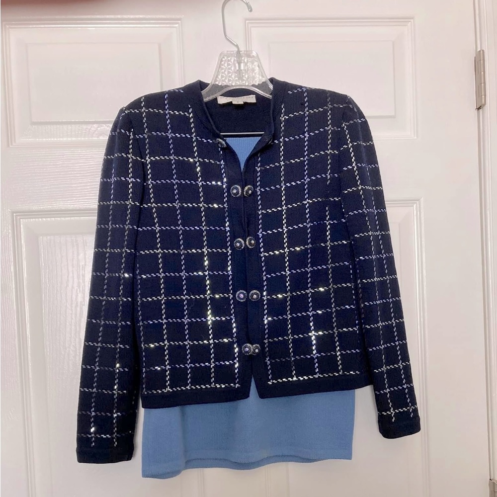 Size 2 St John sparkly navy and light blue skirt suit.